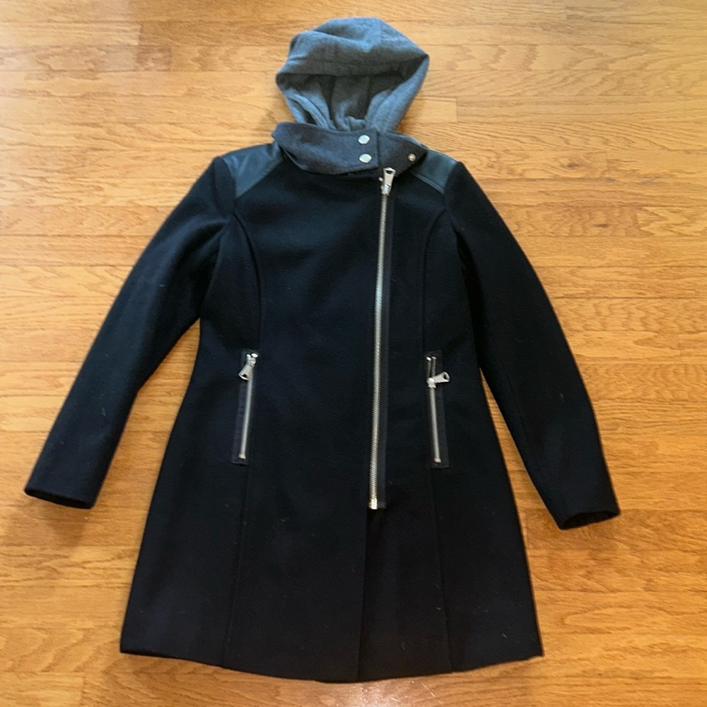 Marc New York Black Coat Wool Sweatshirt Hood Midi Women’s US Size 4 Small